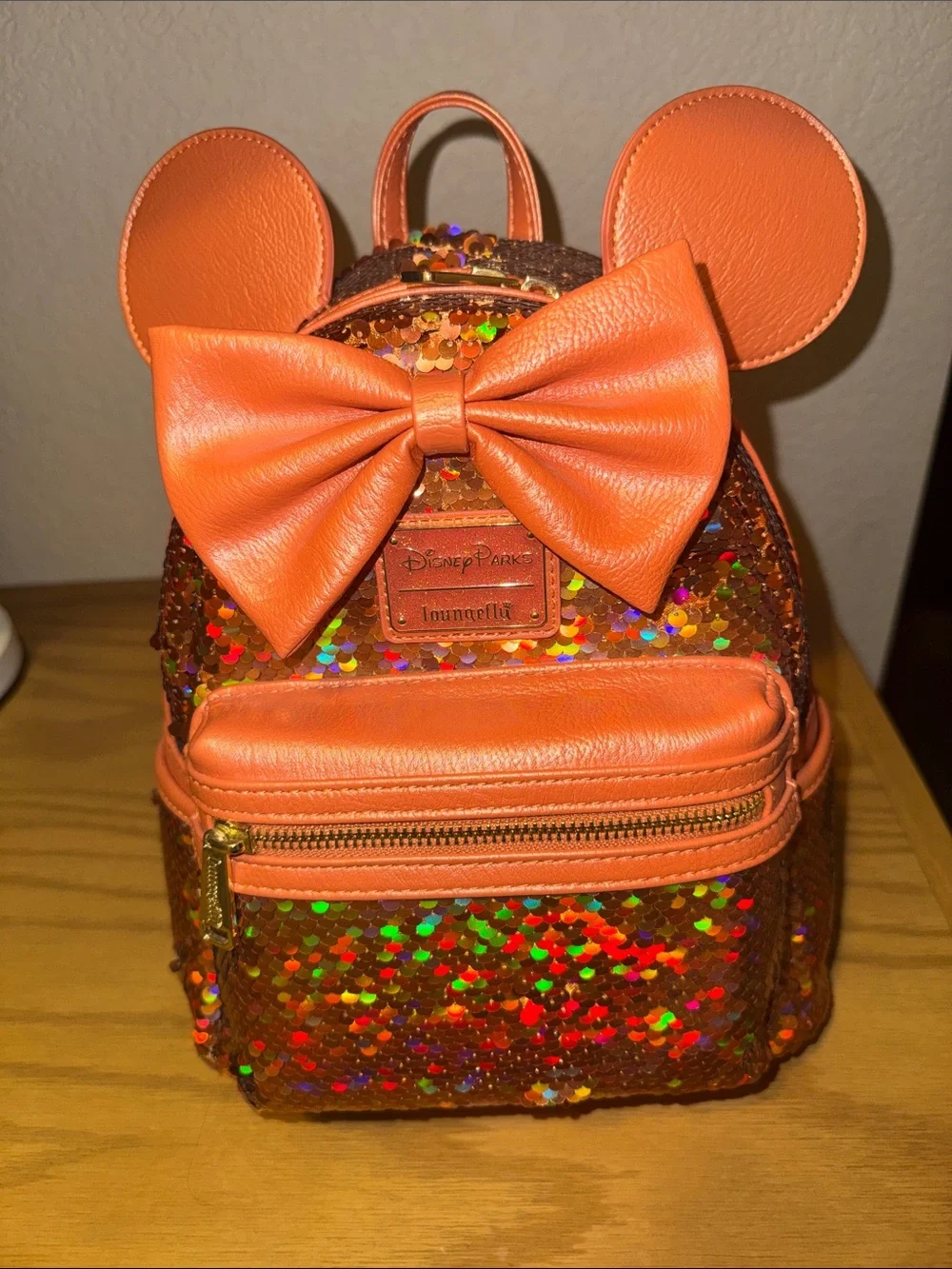 Loungefly Iridescent Orange Sequin Mini Backpack with Bow